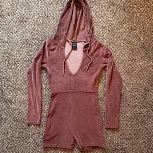 iets frans Urban Outfitters Romper Small Brown Kelly Velour Hooded Stretch Small